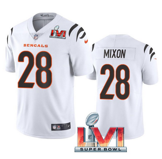 Youth Cincinnati Bengals #28 Joe Mixon 2022 White With C Patch Super Bowl LVI Vapor Limited Stitched Jersey